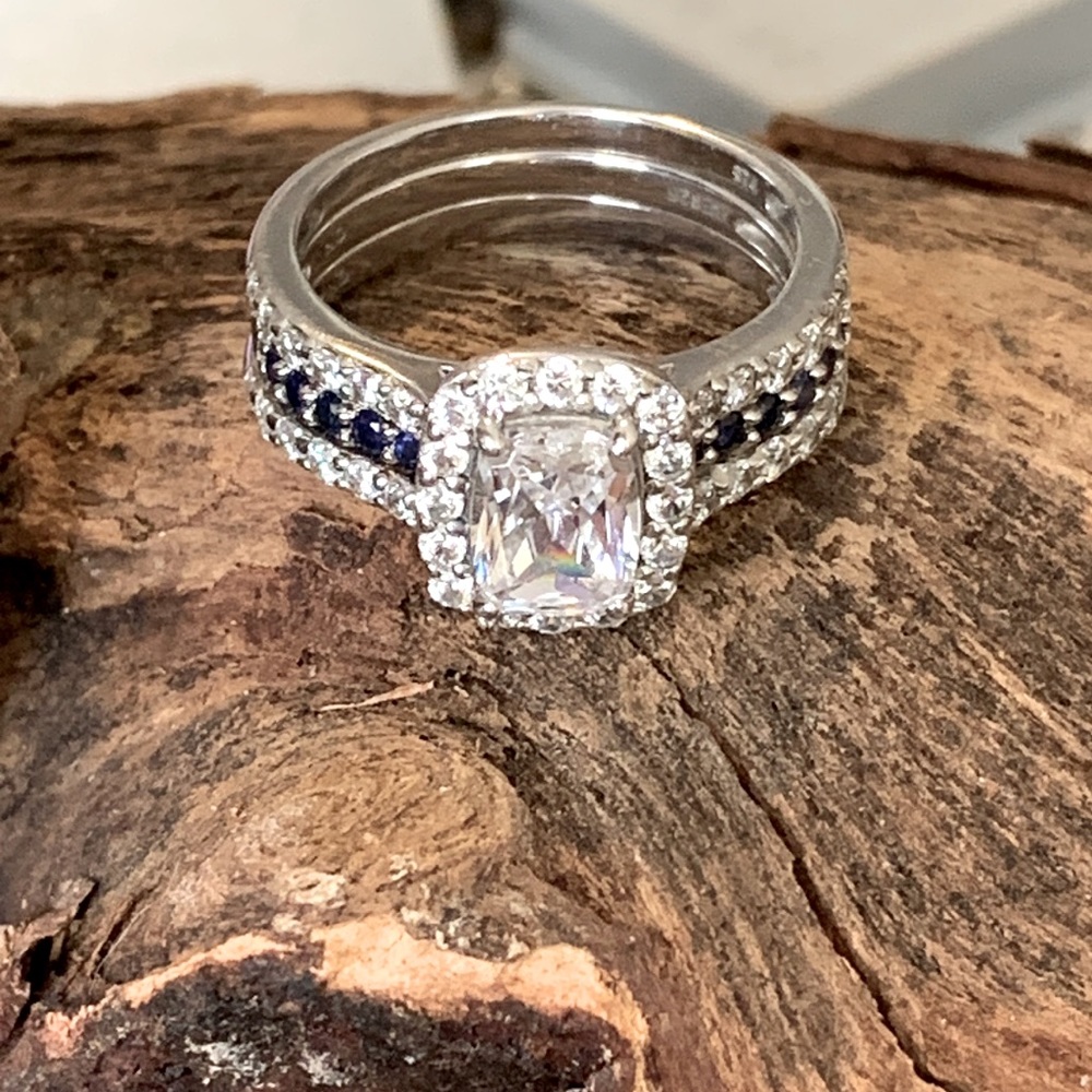 Stamped .925 SS white and blue sapphire ring